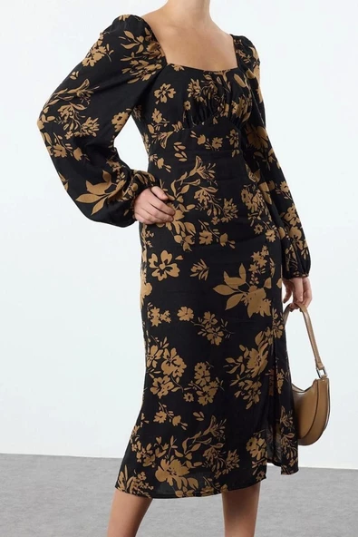 Kadın Moda Şık Midi Boy Kalp Yaka Regular Çiçek Desenli Dokuma Elbise - 2