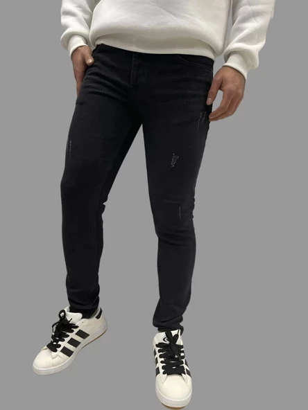 Erkek Dar Paça Tırnaklı NewOne Koyu Siyah Kot Pantolon
