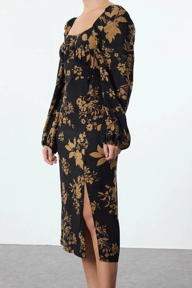 Kadın Moda Şık Midi Boy Kalp Yaka Regular Çiçek Desenli Dokuma Elbise - 3