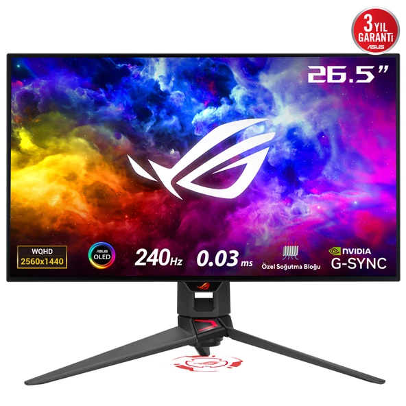 ASUS ROG SWİFT OLED  PG27AQDM 26,5 GAMING OLED EKRAN 2K FREESYNC VE G-SYNC UYUMLU 2560 X 1440 0.03MS 240HZ DP HDMI USB VESA 2YIL EYECARE YUKSEKLIK AYARI PIVOT HDR 99