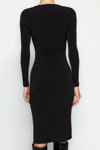 Kadın Moda Şık Midi Boy Kare Yaka Slim Büzgülü Vücuda Oturan Esnek Örme Elbise - 6
