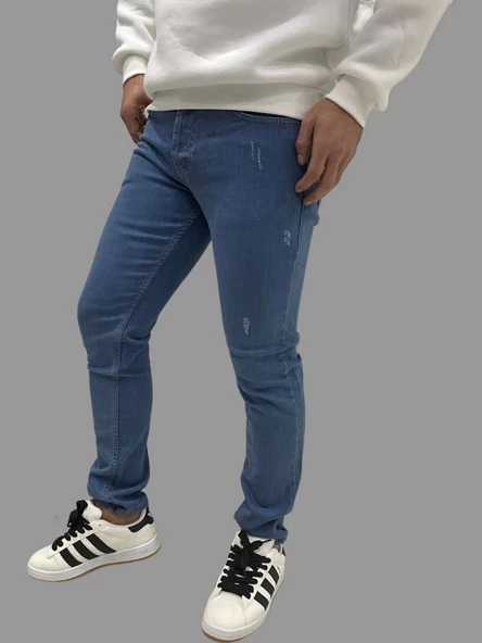 Erkek Dar Paça Tırnaklı NewOne Açık Mavi Kot Pantolon - 2