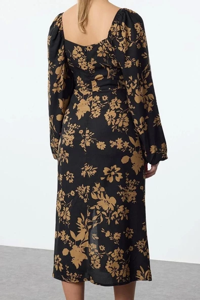 Kadın Moda Şık Midi Boy Kalp Yaka Regular Çiçek Desenli Dokuma Elbise - 5