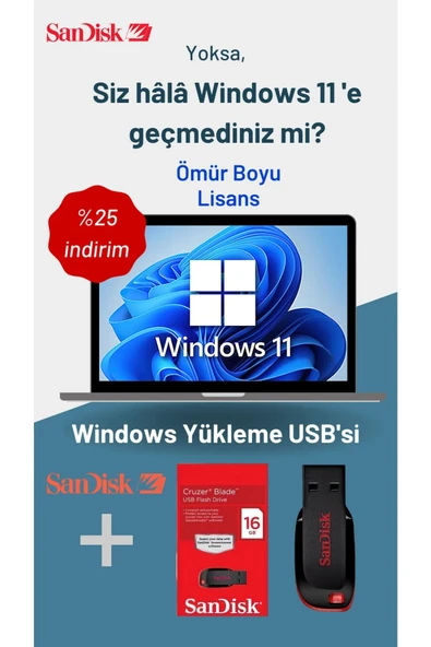 Windows 11/10 Lisans Key + Windows 11/10 Yüklü Sandisk 16 Gb Usb-ömür Boyu Kullanım-full Versiyon