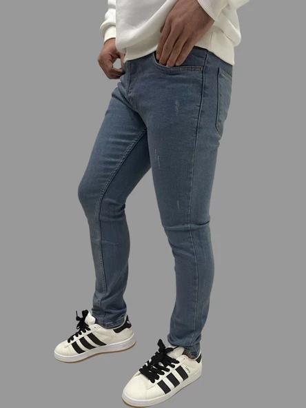 Erkek Dar Paça Tırtıklı NewOne SkyBlue Kot Pantolon - Resim 2