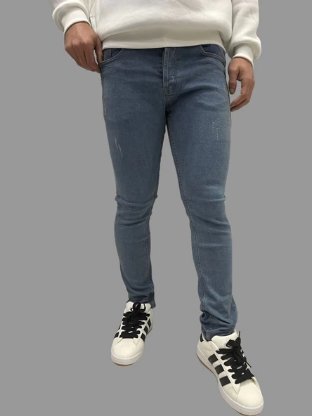 Erkek Dar Paça Tırtıklı NewOne SkyBlue Kot Pantolon