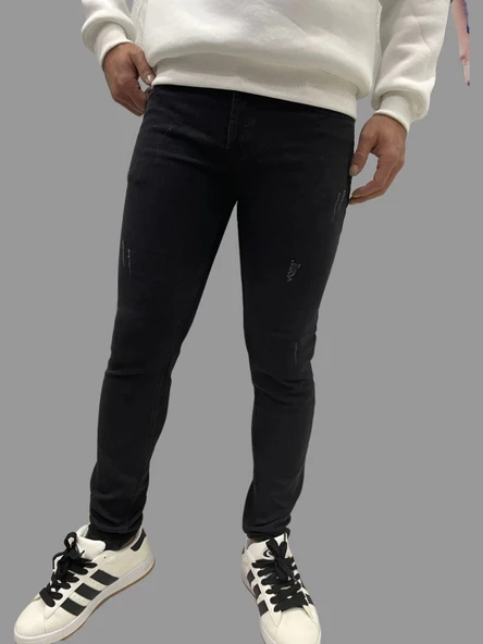 Erkek Dar Paça Tırnaklı NewOne Koyu Siyah Kot Pantolon - Resim 3