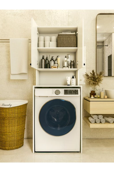 MONTENERO Çamaşır Makinesi Dolabı Parlak Beyaz Modern Banyo Dolabı - 3