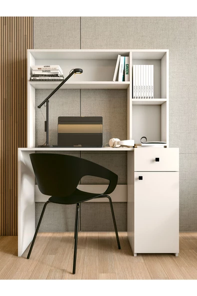 MONTENERO Çalışma Masası Parlak Beyaz Kitaplıklı Raflı Modern Masa - 3