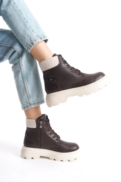 Kadın Kısa Postal Bot Tırtık Kalın Taban Günlük Yuvarlak Burun Bot - Resim 5