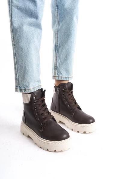 Kadın Kısa Postal Bot Tırtık Kalın Taban Günlük Yuvarlak Burun Bot - Resim 6