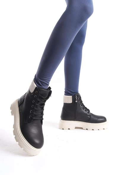 Kadın Kısa Postal Bot Tırtık Kalın Taban Günlük Yuvarlak Burun Bot - Resim 10