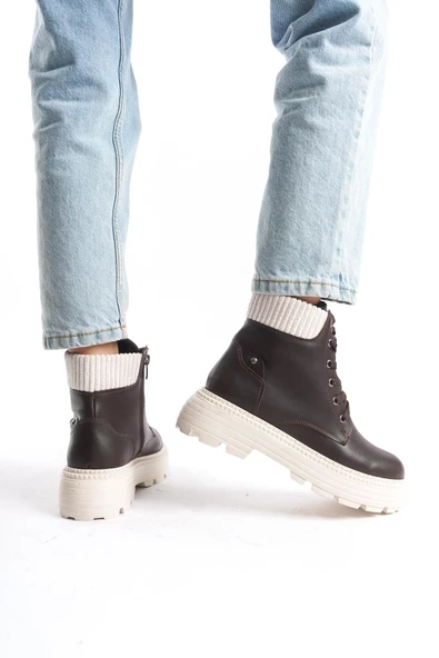 Kadın Kısa Postal Bot Tırtık Kalın Taban Günlük Yuvarlak Burun Bot - Resim 7