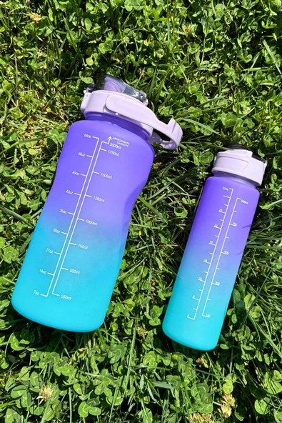 Motivasyonel 2li Su Matarası Su Şişesi Suluk 2 Lt 900ml Yavrulu Spor Salonu Su Şişesi - 2