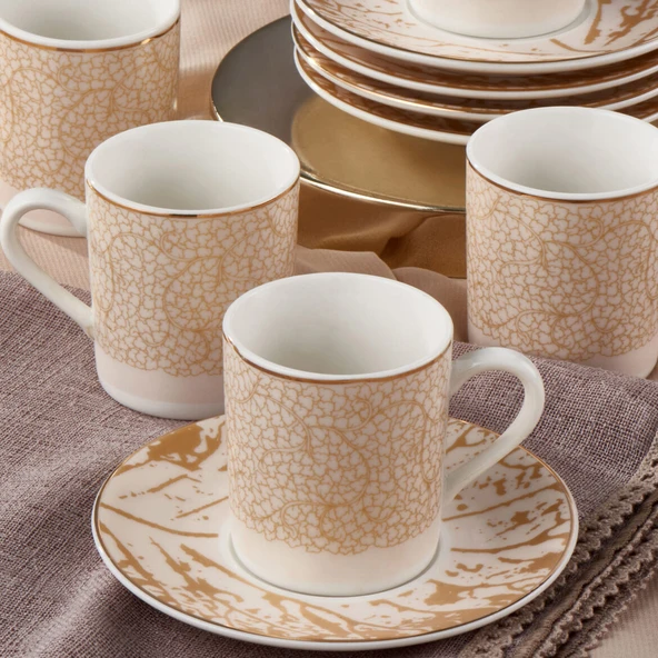 GÜRAL PORSELEN Camelia 12 Parça 6 Kişilik Bone Türk Kahvesi Fincan Takımı - 2511 - 6