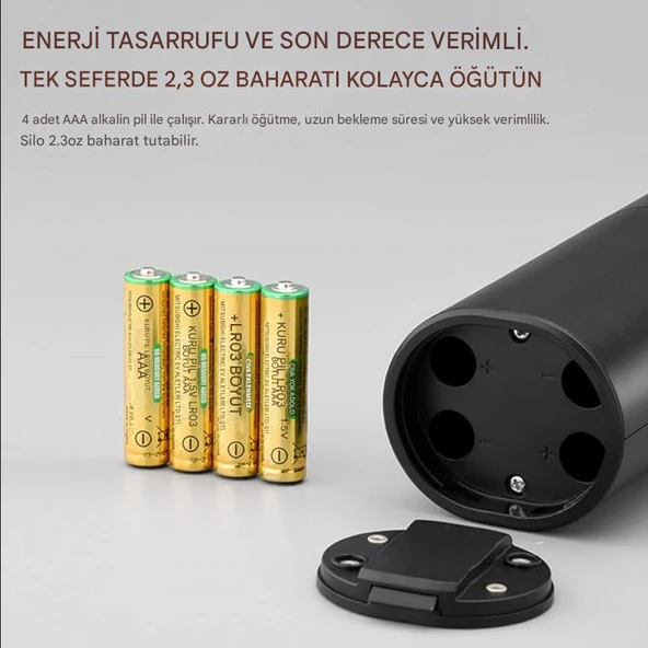 QASUL Kaba Baharat Öğütücü LED Işık Tasarımı Siyah Pille Çalışan Tuz Öğütücü Tek Elle Çalıştırma - 2