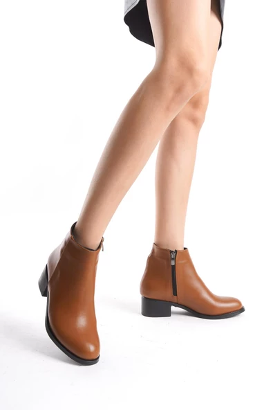 Kadın Hakiki Deri Kısa Topuklu Bot Fermuarlı Şık Casual Tam Kalıp Bootie - Resim 2