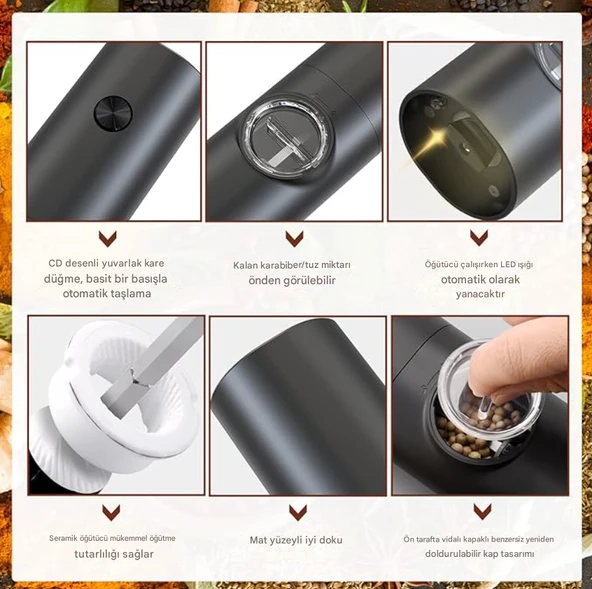 QASUL Kaba Baharat Öğütücü LED Işık Tasarımı Siyah Pille Çalışan Tuz Öğütücü Tek Elle Çalıştırma - 3