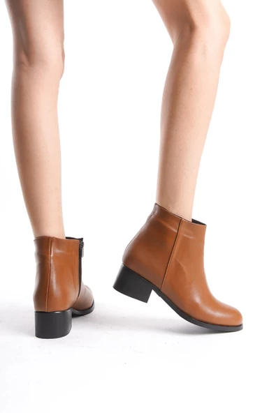 Kadın Hakiki Deri Kısa Topuklu Bot Fermuarlı Şık Casual Tam Kalıp Bootie - Resim 3