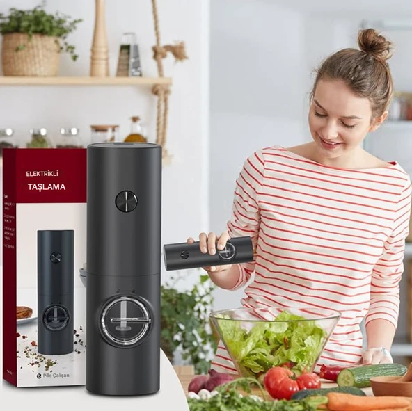 QASUL Kaba Baharat Öğütücü LED Işık Tasarımı Siyah Pille Çalışan Tuz Öğütücü Tek Elle Çalıştırma - 5