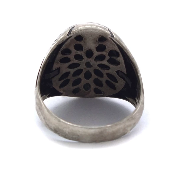 Akik Taşlı İşlemeli 925 Ayar Erkek Gümüş Yüzük GEY-209 - Resim 4