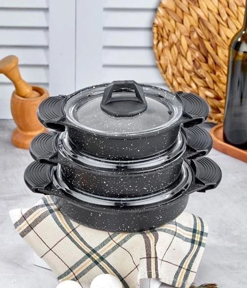 Eda ZK-900 Döküm Granit 3'lü Sahan Seti Siyah (6 adet Silikon Tutamaç Hediyeli) - 3