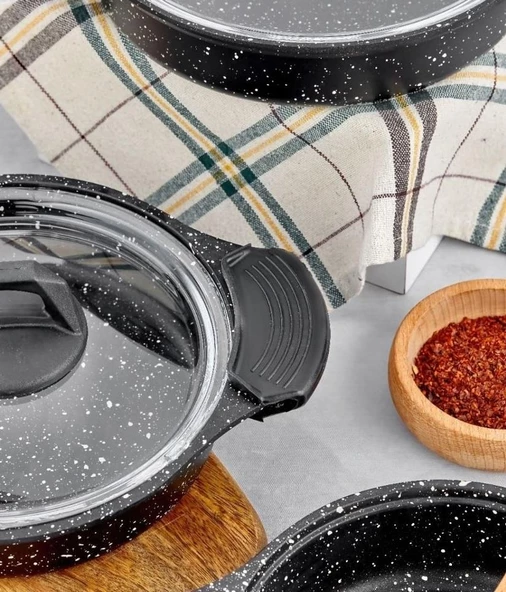 Eda ZK-900 Döküm Granit 3'lü Sahan Seti Siyah (6 adet Silikon Tutamaç Hediyeli) - 2