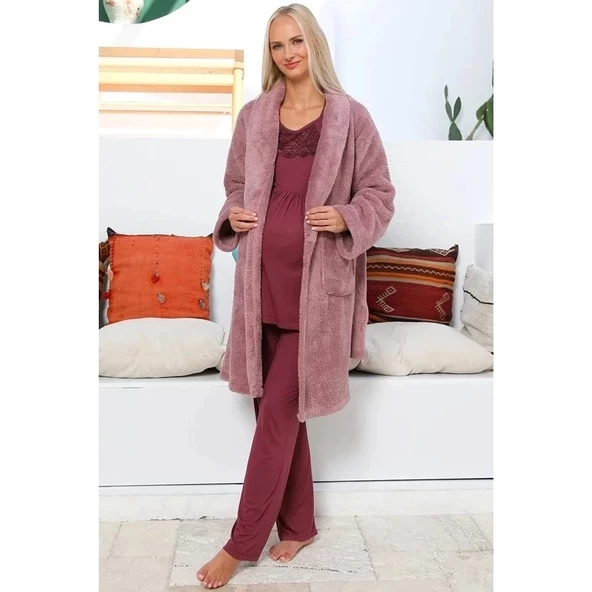 Mommysh 55703 3'lü Polar Sabahlıklı Lohusa Pijama Takımı