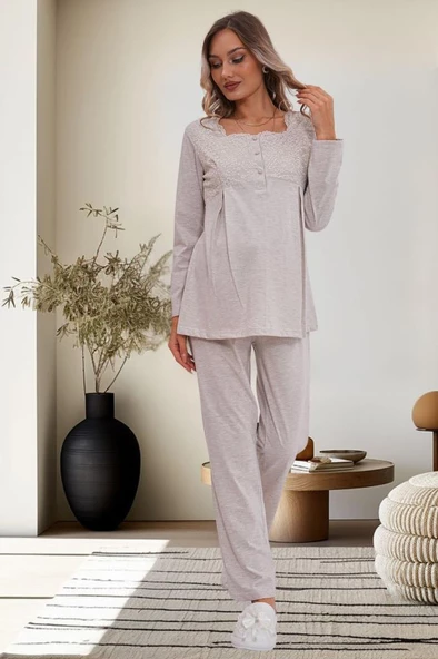 Mecit 6170 Bayan Hamile Lohusa Vizon Sabahlıklı Pijama Takımı - 4