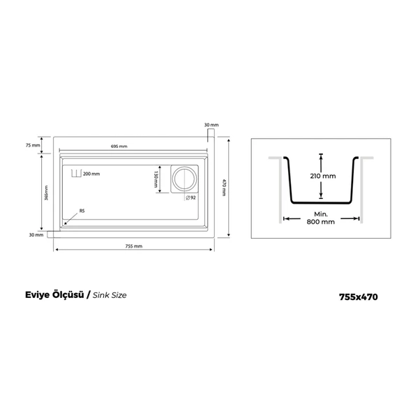 Real Stone LİKYA 75,5x47 cm Gri Granit Mutfak Eviyesi - 2