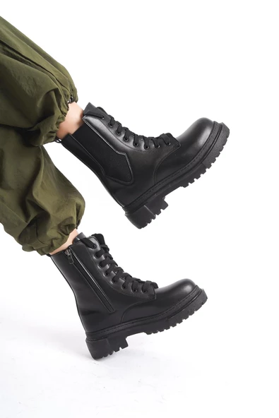 Kadın Günlük Postal Bot Rahat Kalıp Yüksek Taban Fermuarlı Bağcıklı Kadın Bot - Resim 5