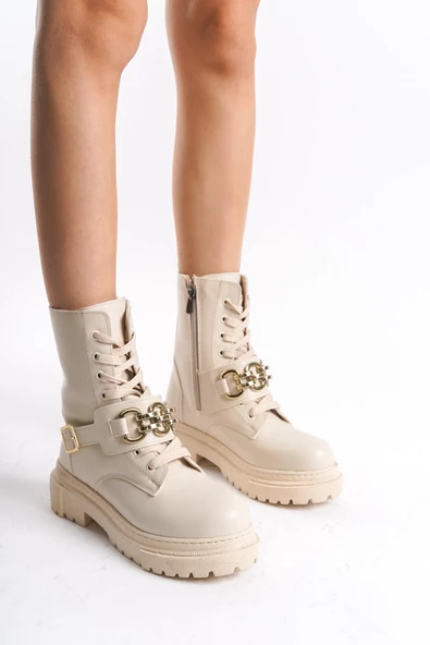 Kadın Kalın Tabanlı Postal Bot Bağcıklı Dekoratif Kemer Detaylı Tam Kalıp Günlük Bot - 3