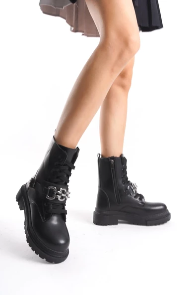 Kadın Kalın Tabanlı Postal Bot Bağcıklı Dekoratif Kemer Detaylı Tam Kalıp Günlük Bot - 5