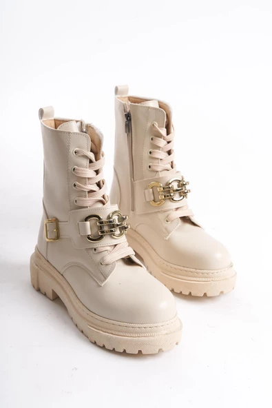 Kadın Kalın Tabanlı Postal Bot Bağcıklı Dekoratif Kemer Detaylı Tam Kalıp Günlük Bot - 4