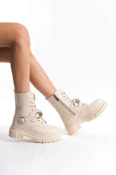 Kadın Kalın Tabanlı Postal Bot Bağcıklı Dekoratif Kemer Detaylı Tam Kalıp Günlük Bot - 2