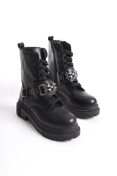 Kadın Kalın Tabanlı Postal Bot Bağcıklı Dekoratif Kemer Detaylı Tam Kalıp Günlük Bot - 8