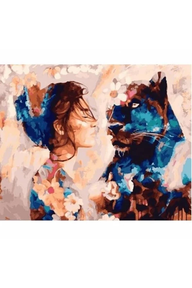 Canvas Kadın Ve Panter Sevgisi Sayılarla Boyama Seti Kasnaklı 40 X 50 Cm ürün görseli 1