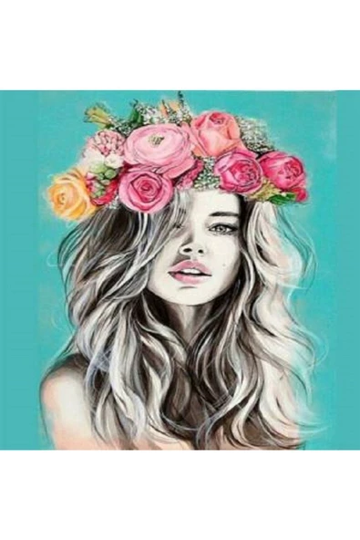 Canvas Doğal Çiçek Kadın Sayılarla Boyama Seti   Kasnaklı 60 x 75 cm ürün görseli 1