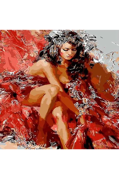 Canvas Kırmızı Ve Kadın Sayılarla Boyama Seti   Kasnaklı 70 x 90 cm ürün görseli 1