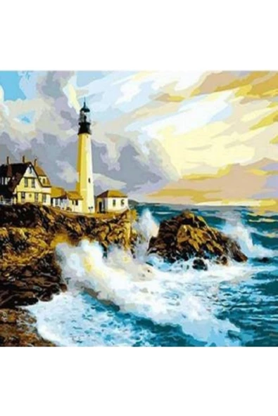 Canvas Deniz Feneri Ve Dalgalar Sayılarla Boyama Seti   Kasnaklı 70 x 90 cm ürün görseli 1