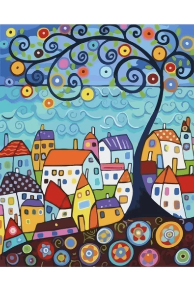 Canvas Sarmal Evler Sayılarla Boyama Seti Kasnaklı 70 x 90 cm ürün görseli 1