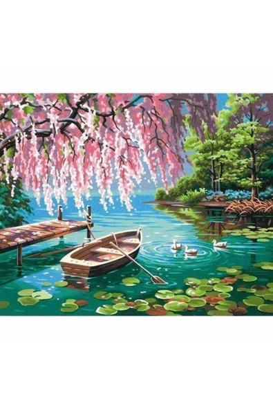 Canvas Pembe Söğüt ve Göl Sayılarla Boyama Seti  Kasnaklı 70 x 90 cm - Resim 2