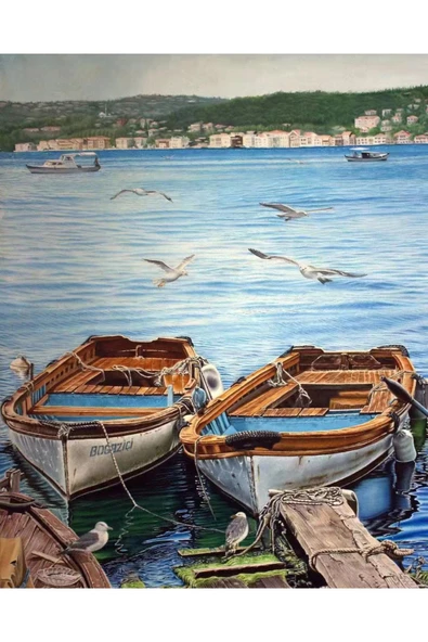 Canvas Kayıklar Ve Martılar Sayılarla Boyama Seti   Kasnaklı 40 x 50 cm