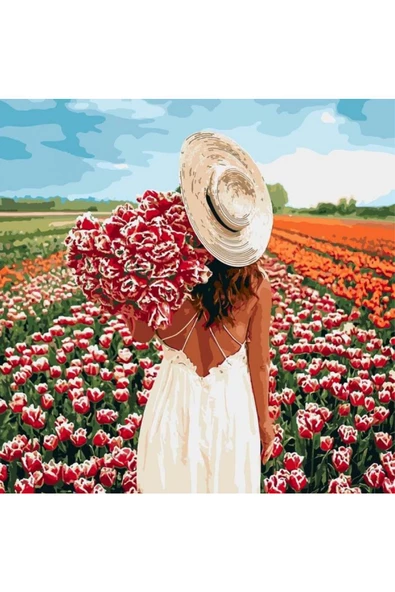 Canvas Şapkalı Çiçek Toplayan Kız Sayılarla Boyama Seti Kasnaklı 90 x 110 cm ürün görseli 1