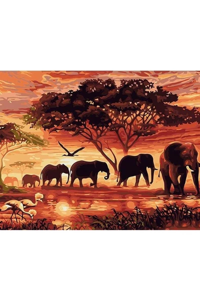 Canvas Savan Ağacı Ve Filler Afrika Sayılarla Boyama Seti  Rulo ürün görseli 1