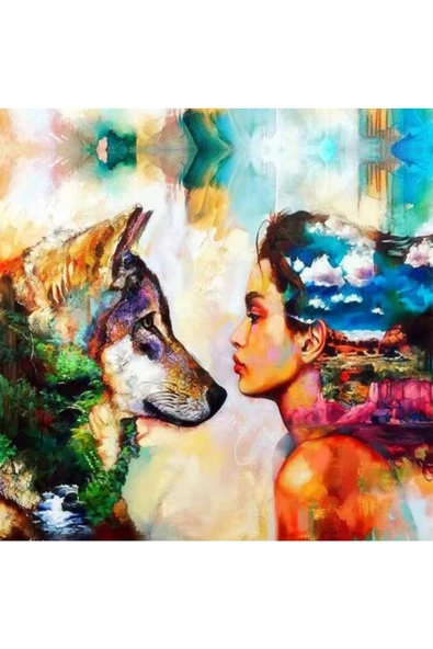 Canvas Renkli Kurt ve Kadın Sayılarla Boyama Seti  Kasnaklı 40 x 50 cm