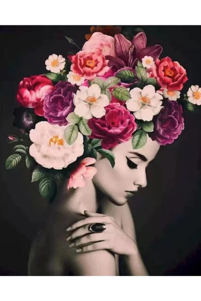Canvas Kadının Çiçek Duruşu 4 Sayılarla Boyama Seti Kasnaklı 60 x 75 cm - 1