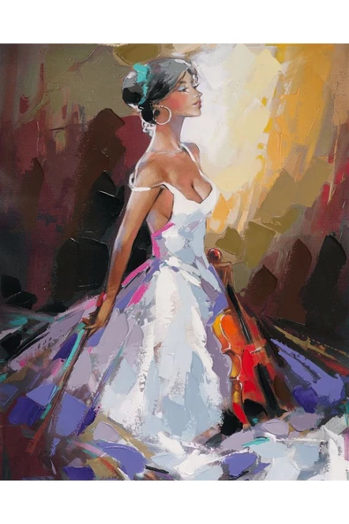 Canvas Beyaz Elbiseli Kemancı Sayılarla Boyama Seti   Kasnaklı 40 x 50 cm ürün görseli 1