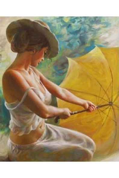 Canvas Sarışemsiyeli Güzel Sayılarla Boyama Seti   Kasnaklı 50 x 65 cm ürün görseli 1