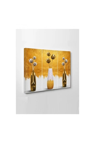 Kanvas Tablo Üçlü Gold Vazo Çok Şık Led Işıklı